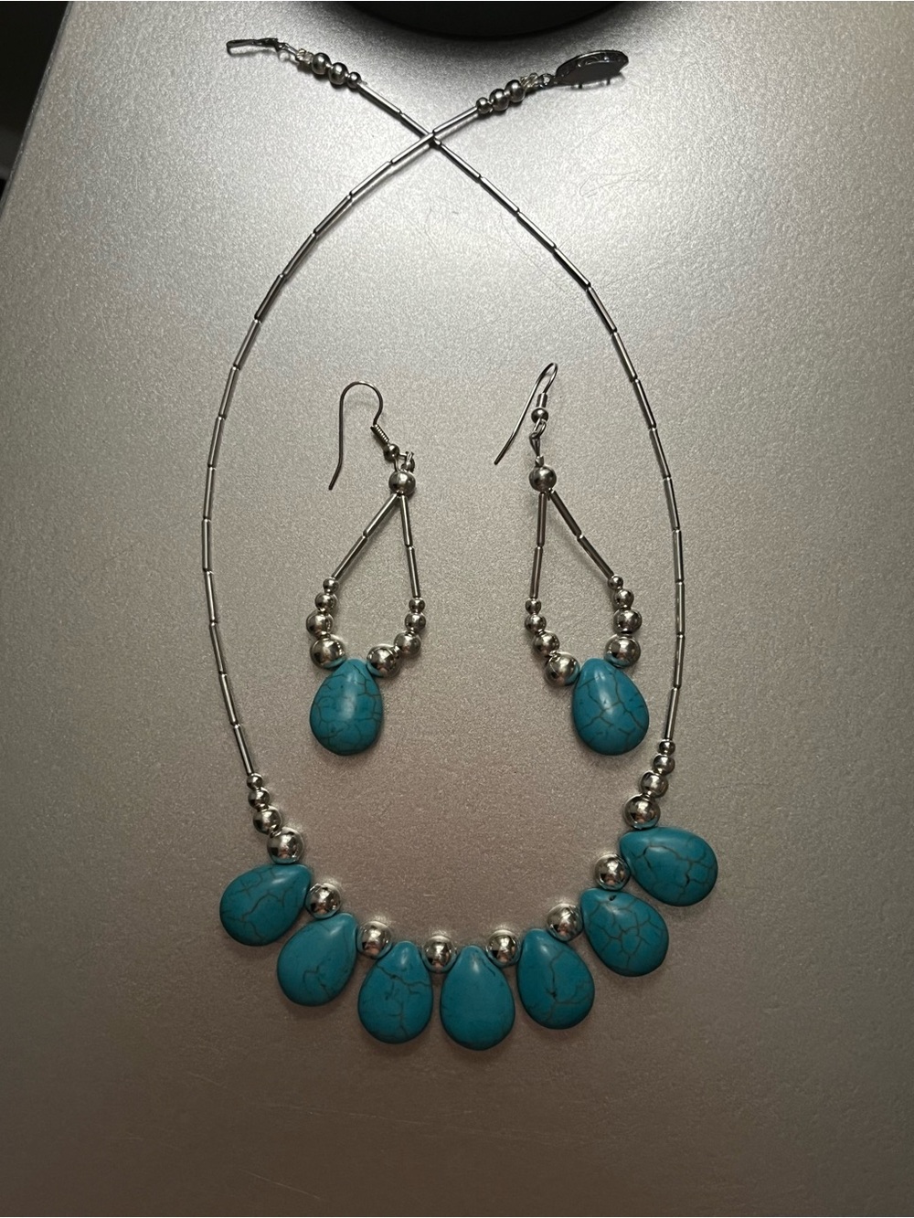 Native Made Silver-Tone Necklace & Earring Set with Turquoise Teardrops
